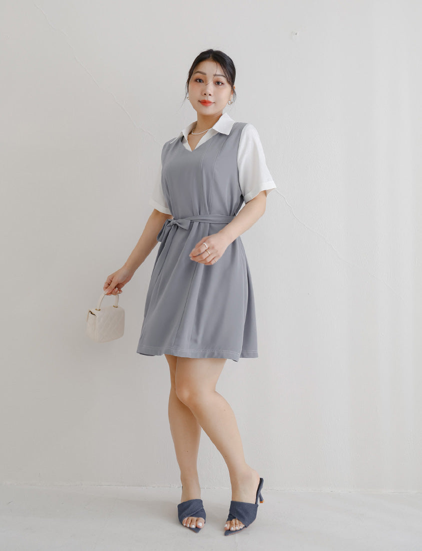 MISS. Faux Two-Piece Color-Block Stitching Plus Size Mini Dress (With Belt)