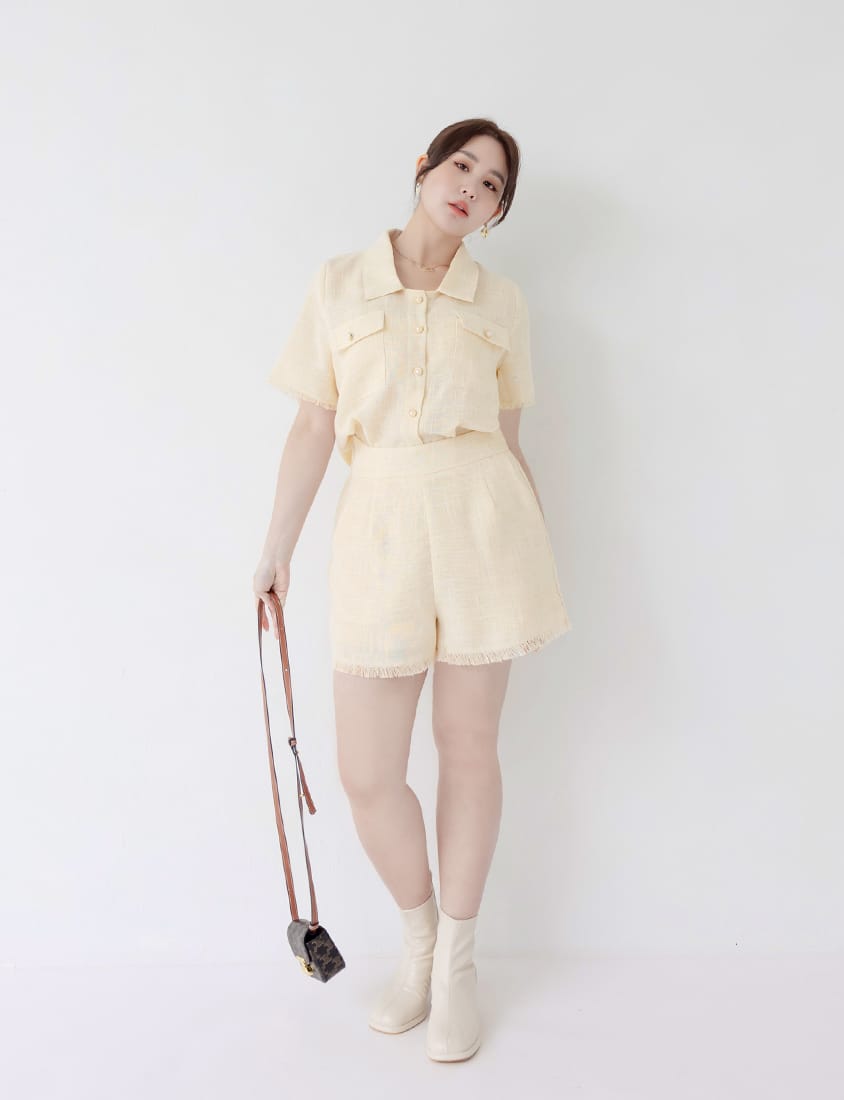 MISS. Tweed Fringe Trim Pearl Button Plus Size Blouse