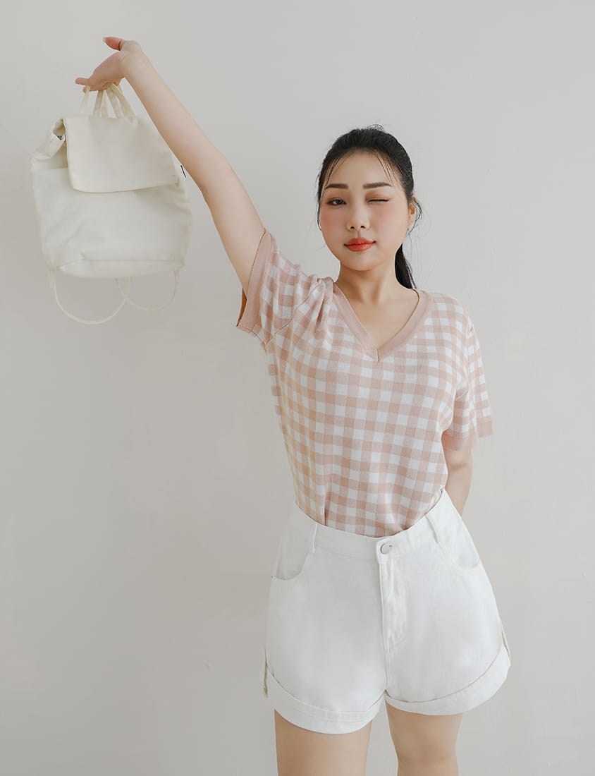 Plaid V-Neck Knit Plus Size Short Sleeve Top