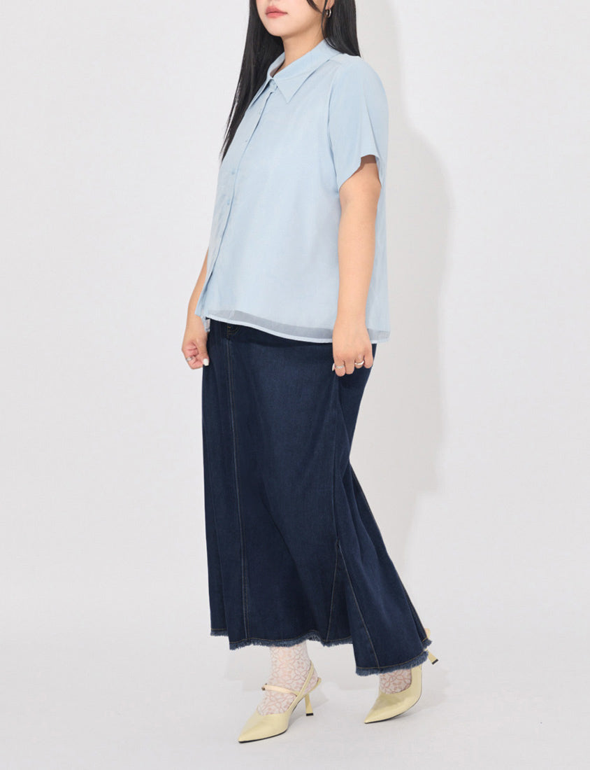 MORE U Cooling Silky Denim Slit Plus Size Mermaid Skirt