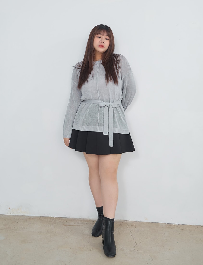 MISS. Korean Sheer Knit Plus Size Long Sleeve Top (with Waist Tie)