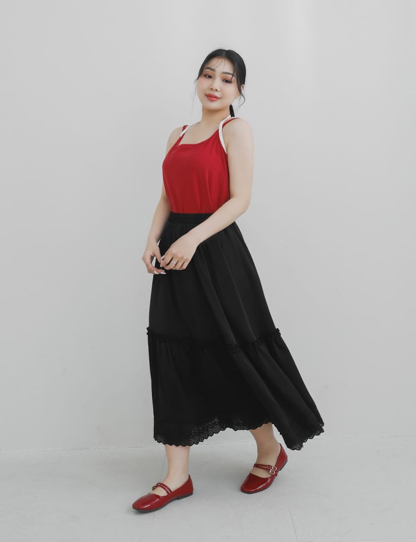 Korean Style Flowy Lace Trim Tiered Plus Size Maxi Skirt