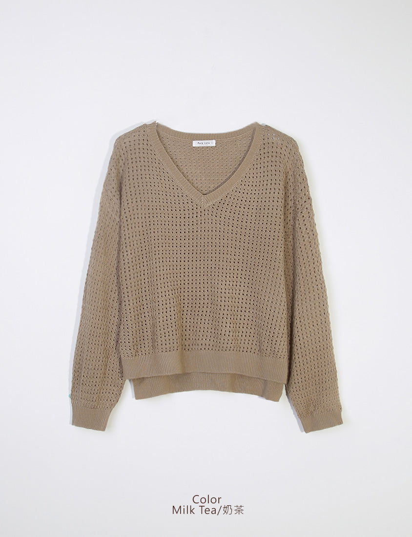 Anti-Pilling V-Neck Eyelet Plus Size Knit Top