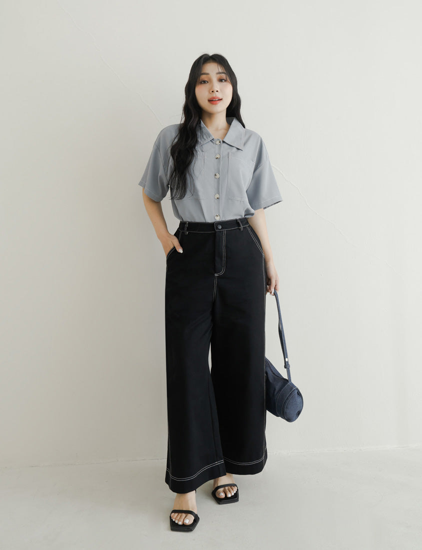 Color-Block Stitched Large Pocket Plus Size Short Sleeve Shirt