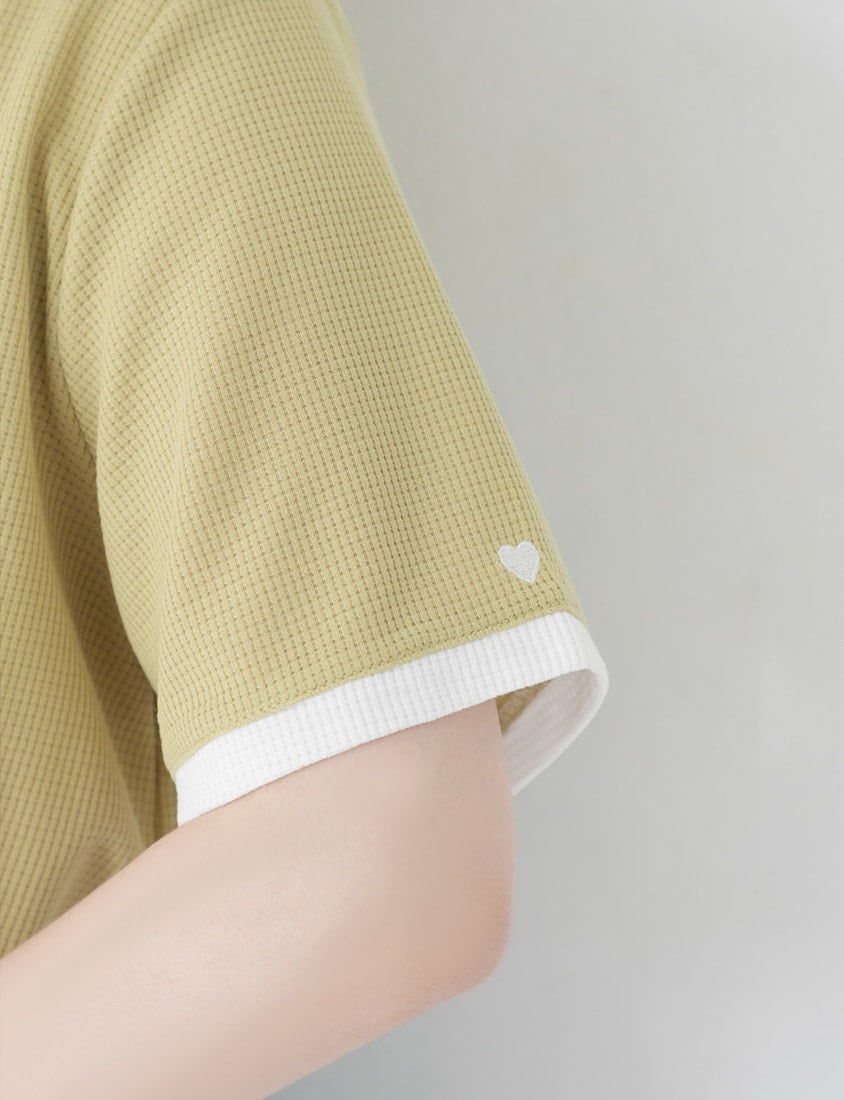 Colorblock Waffle Heart Embroidery Plus Size Top