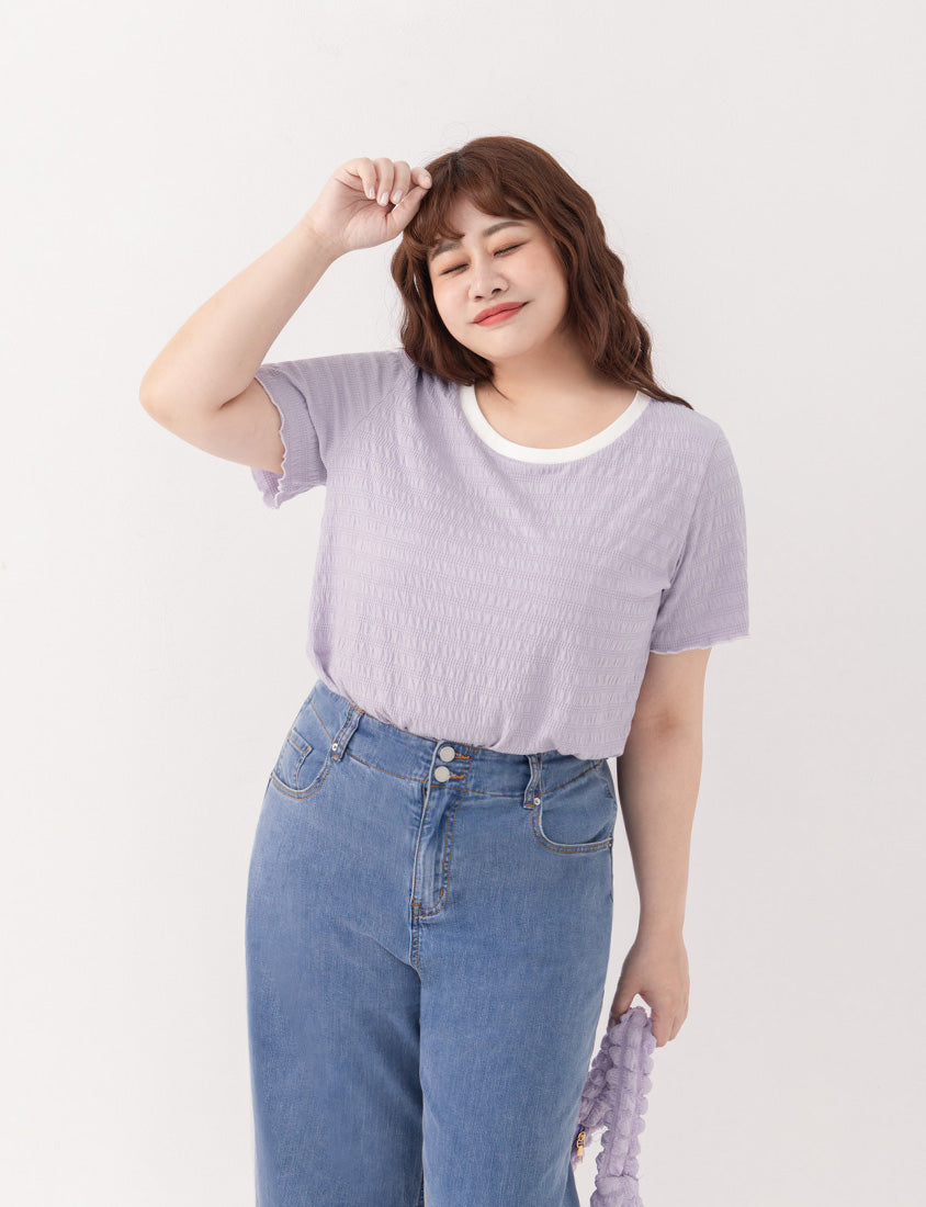 Multicolor Crew Neck Color-Block Crinkled Plus Size Short Sleeve Top