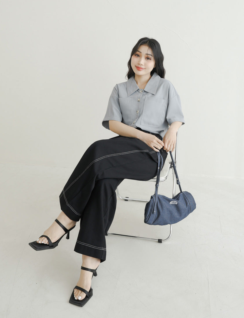 Color-Block Stitched Large Pocket Plus Size Short Sleeve Shirt