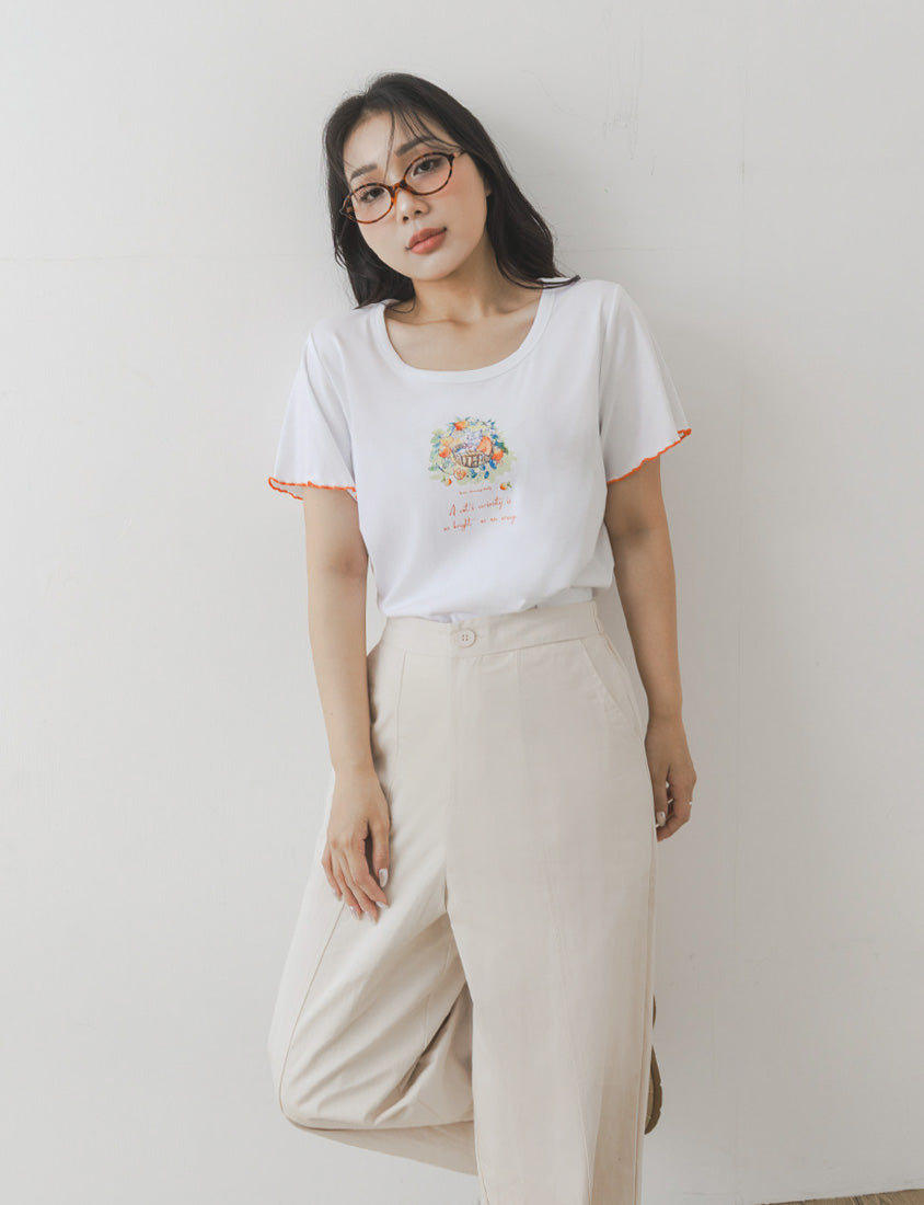 Crew Neck Contrast Ruffle Trim Plus Size Graphic Tee (Illustrator Collaboration)