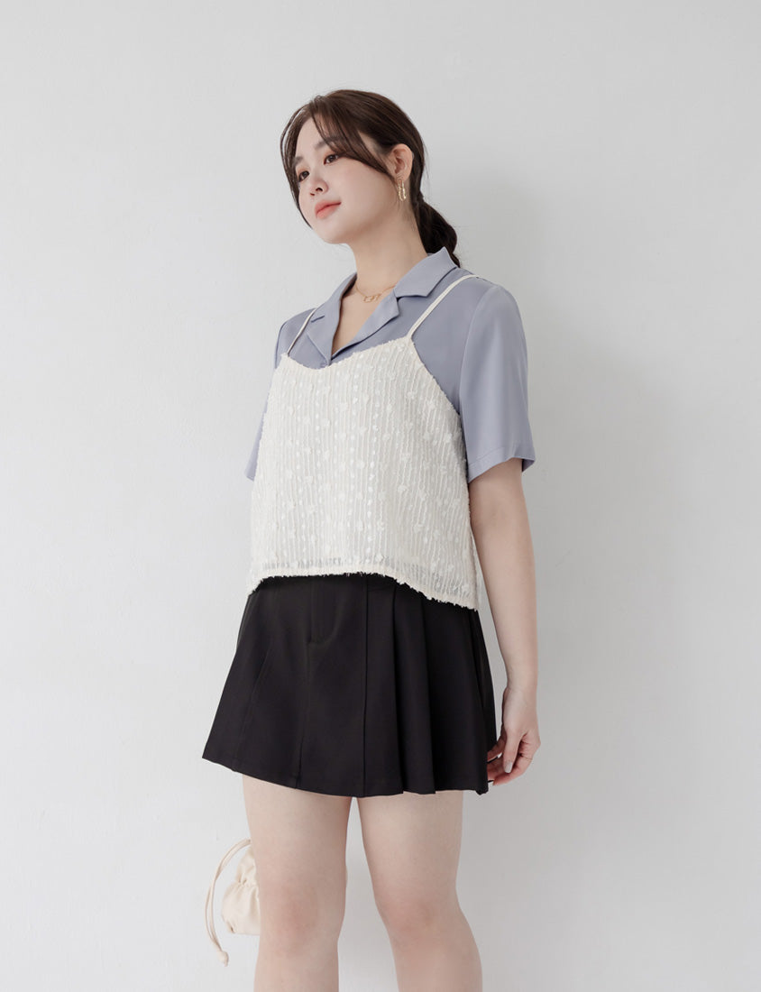 MISS. Glossy Satin Cuban Collar Plus Size Shirt With Floral Buttons