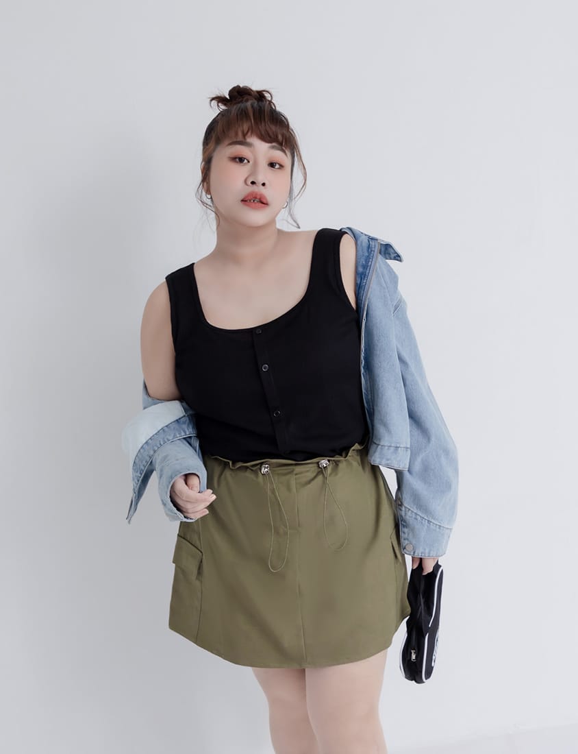 Pobra. Airy Wide Strap Square Neck Faux Buttons Plus Size Bra Top