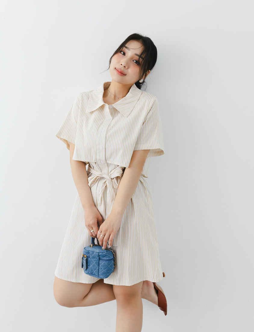 MISS. Japanese Style Striped Layered Plus Size Shirt Dress (with Belt)