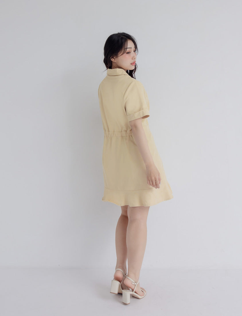 Twill Cuban Collar Cargo Ruffle Hem Plus Size Mini Dress