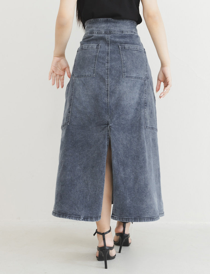 MUA! Ultra-Stretch Back Slit High-Waist Washed Denim Plus Size Maxi Skirt
