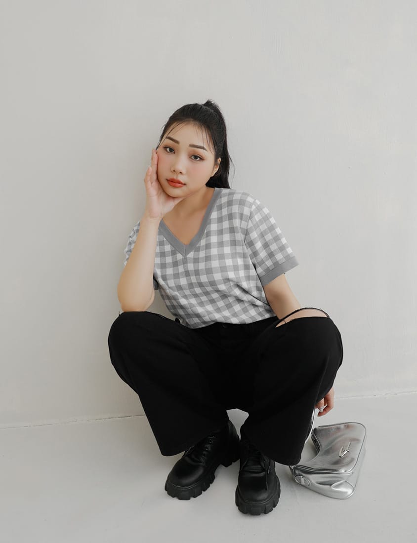 Plaid V-Neck Knit Plus Size Short Sleeve Top