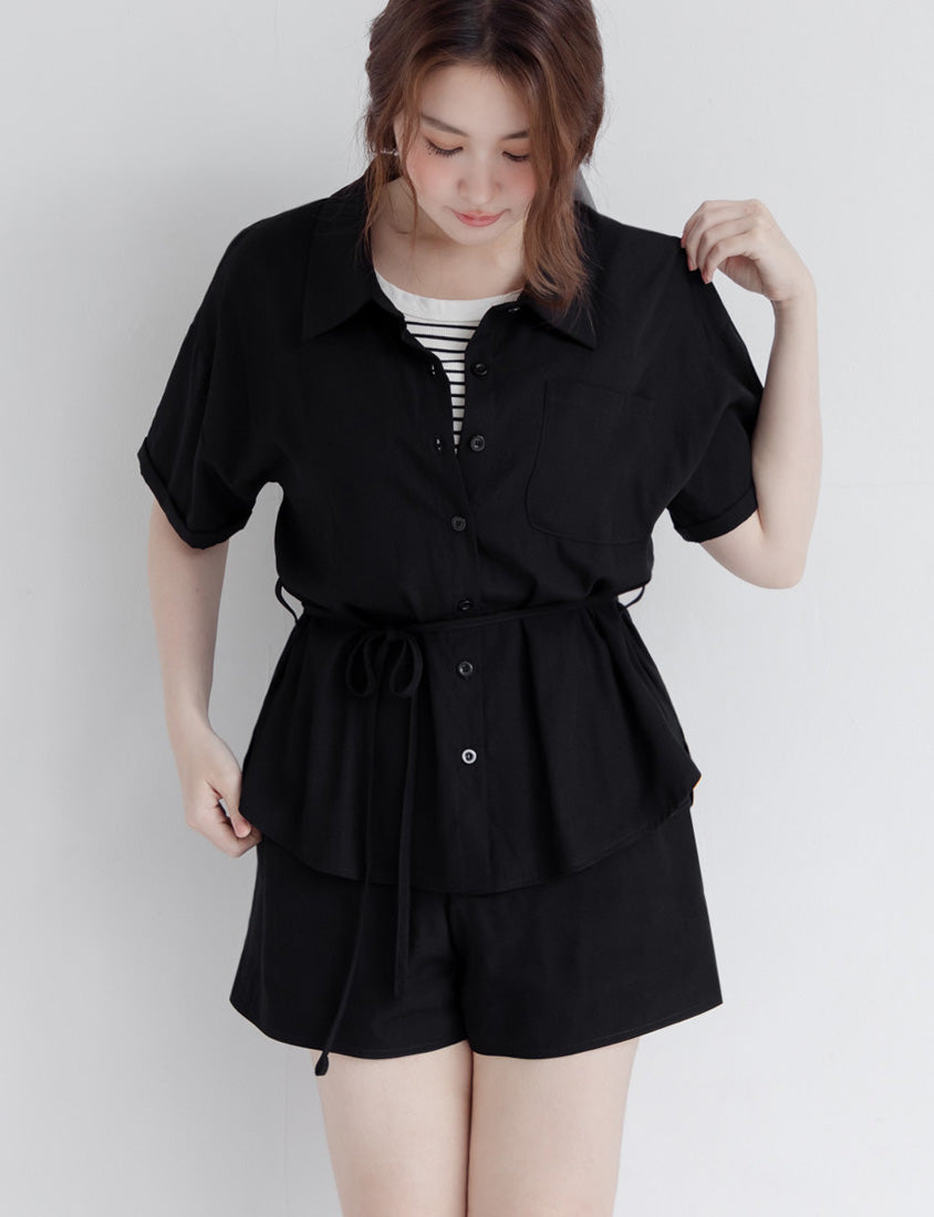 Airy Silky Linen Short Sleeve Plus Size Shirt (With Tie Belt)