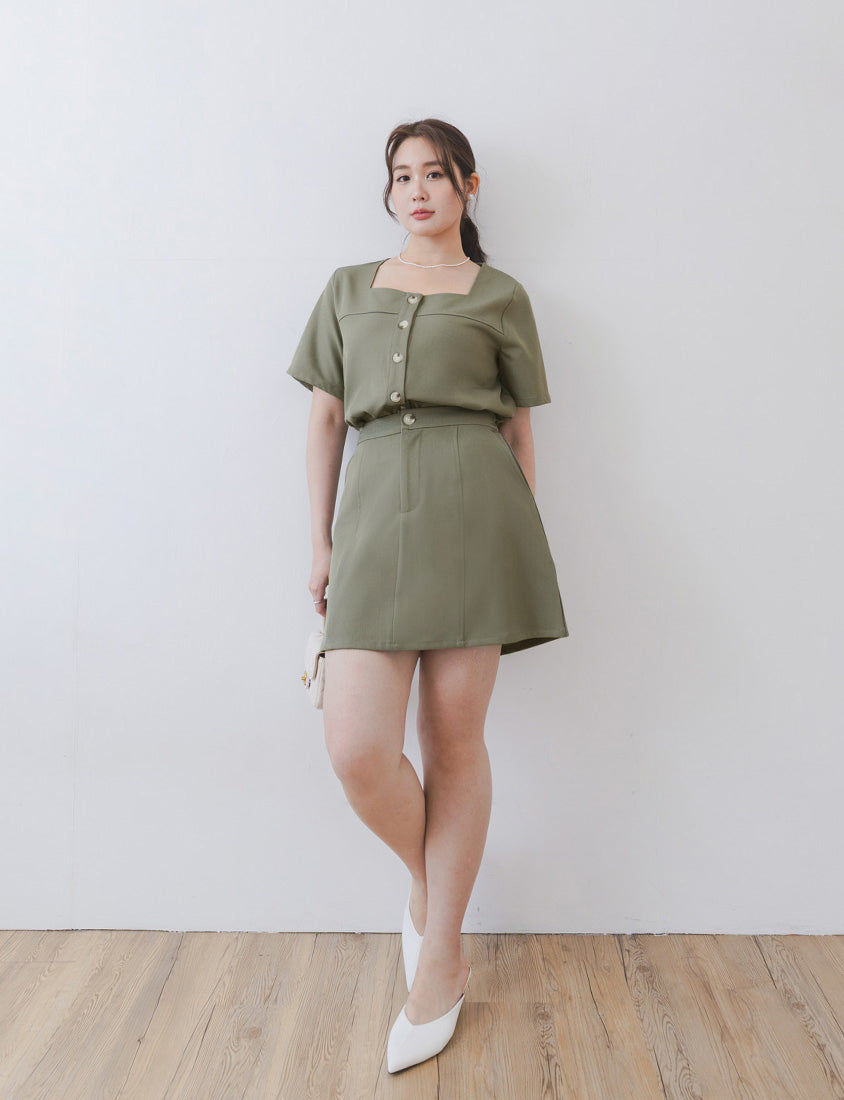 MISS. Korean Style Square Neck Twill Faux Button Top