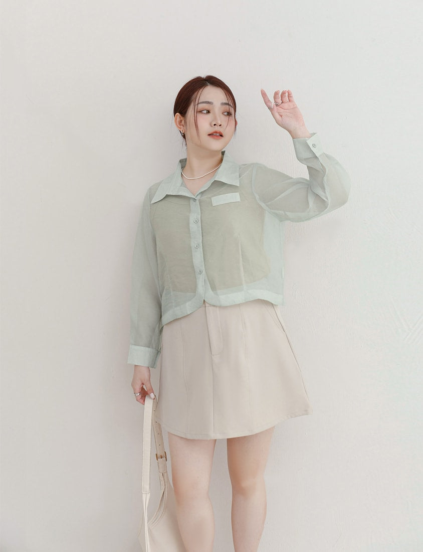 MISS. Faux Pockets Sheer Plus Size Cropped Shirt