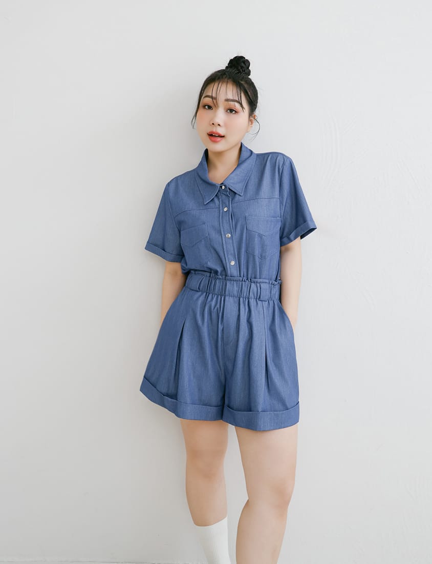 Korean-Style Faux Denim Bubble Hem Plus Size Shorts