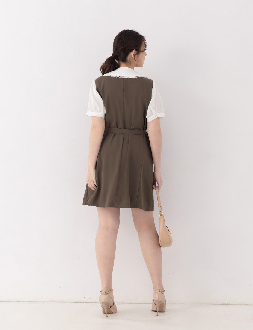 MISS. Elegant Lace Collar Plus Size Puff Sleeve Dress (With Waist Tie)