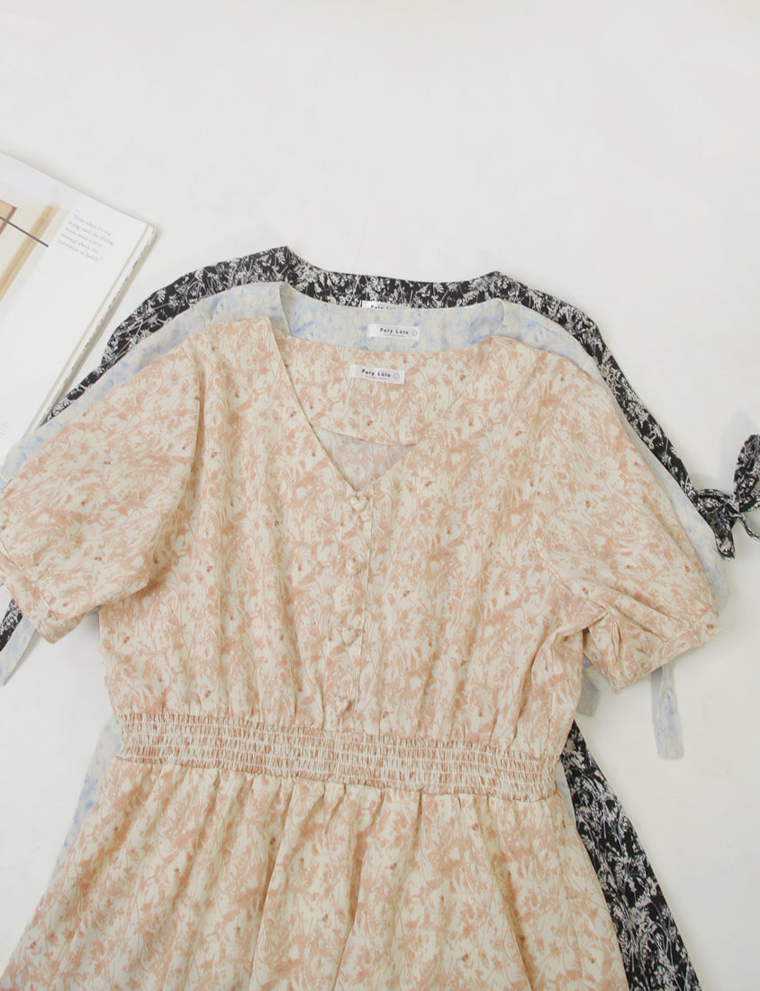 Heart Button Cuff Tie Plus Size Floral Mini Dress