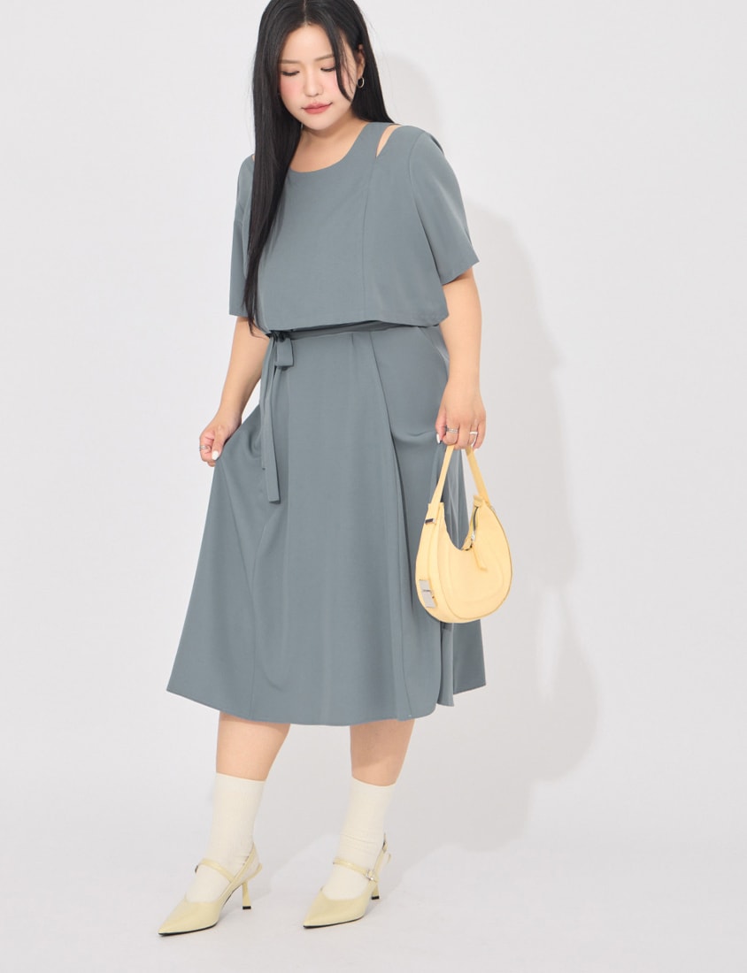 MORE U Wrinkle-Resistant Faux Two-Piece Eyelet Plus Size Dress (with Waist-Tie)