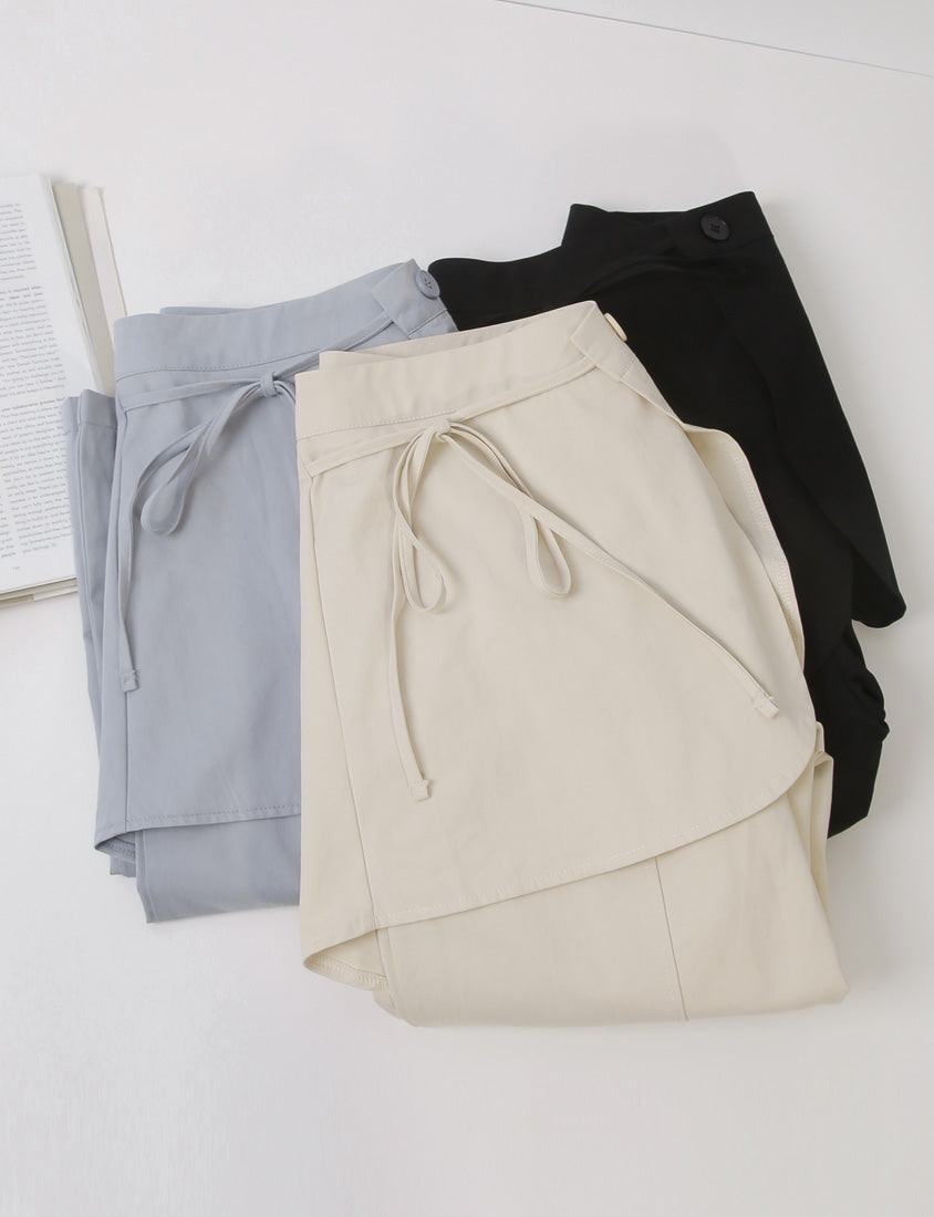 Layered Twill Plus Size Wide-Leg Pants (with Skirt Panel)