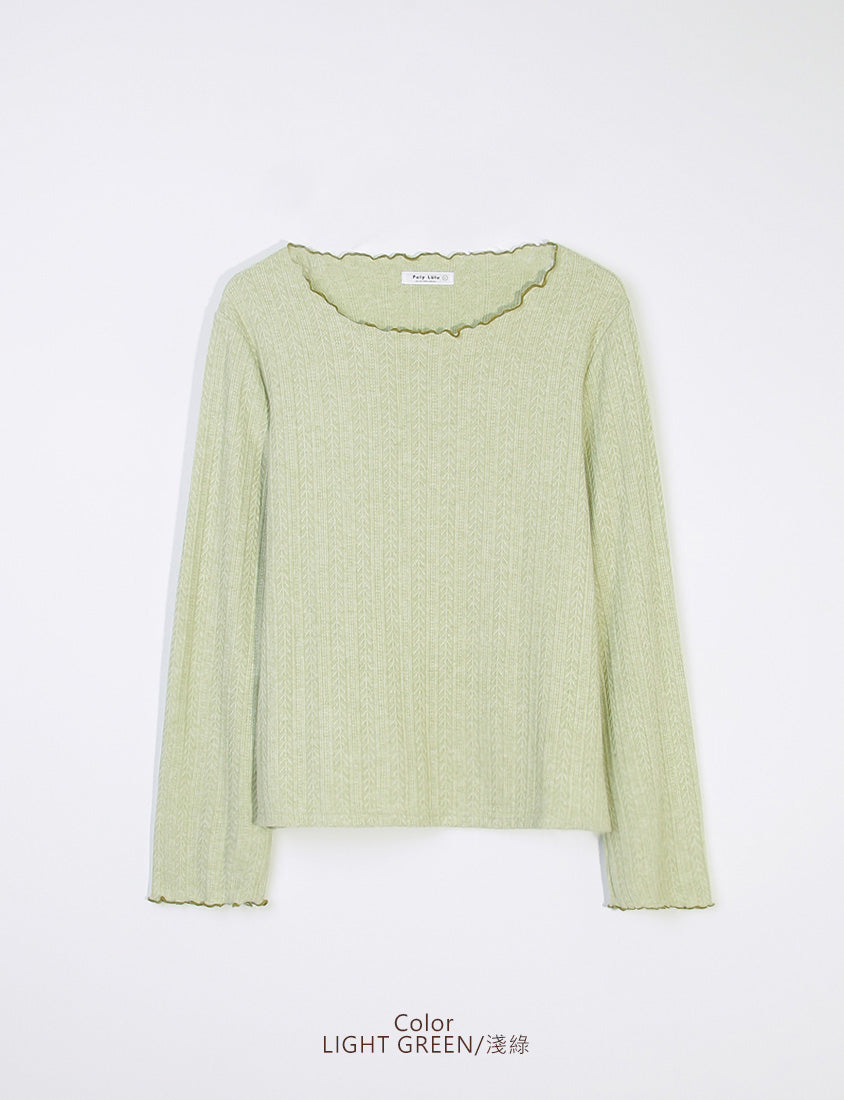 Contrast Lettuce-Edge Jacquard Plus Size Long Sleeve Top