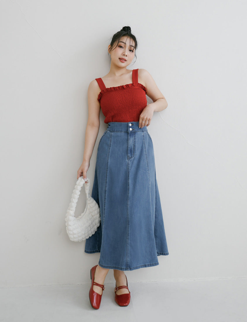 Lyocell Silky Denim Elastic Back Flare Plus Size Maxi Skirt