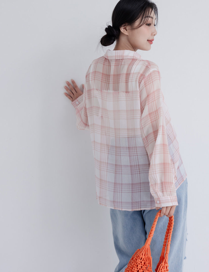 Crinkled Texture Sheer Plaid Plus Size Long Sleeve Shirt
