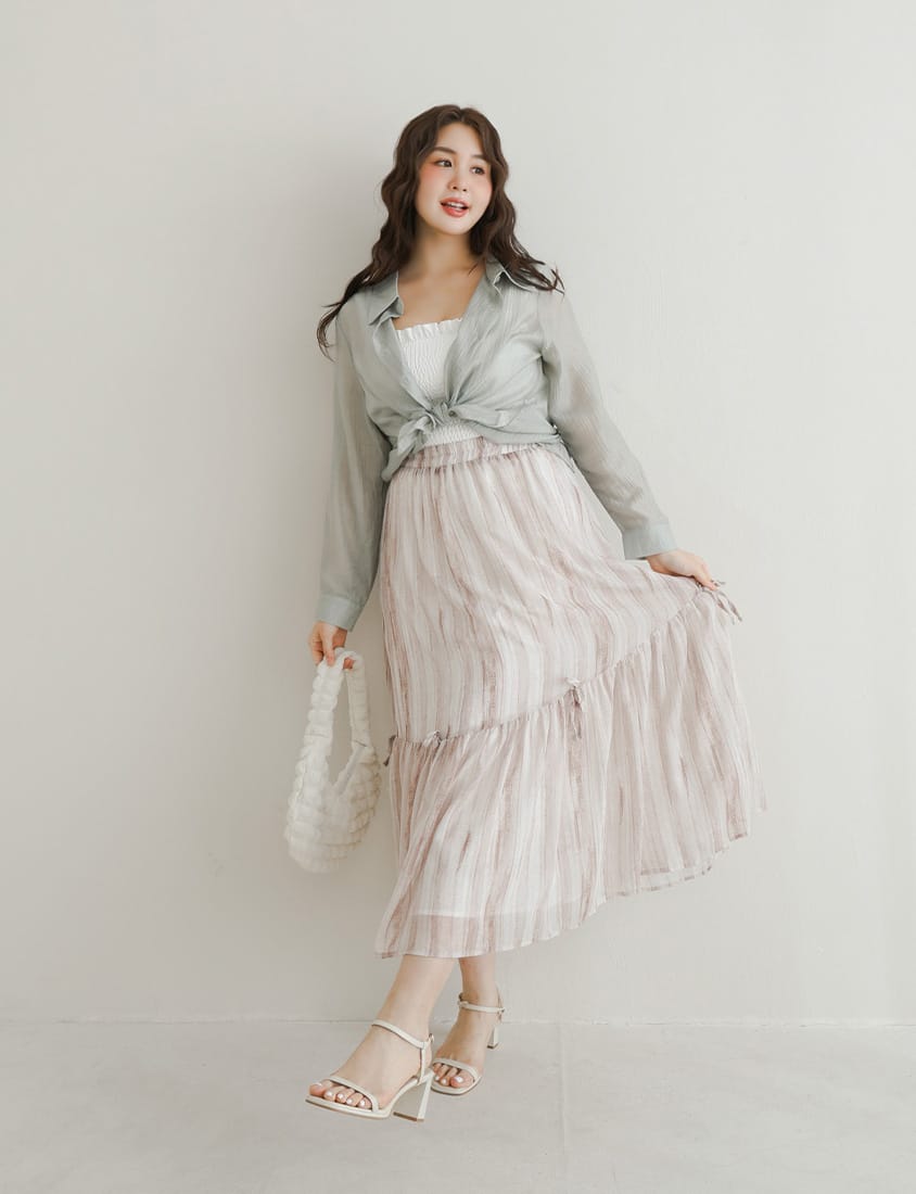Crinkled Texture Sheer Tie-Back Plus Size Long Sleeve Shirt