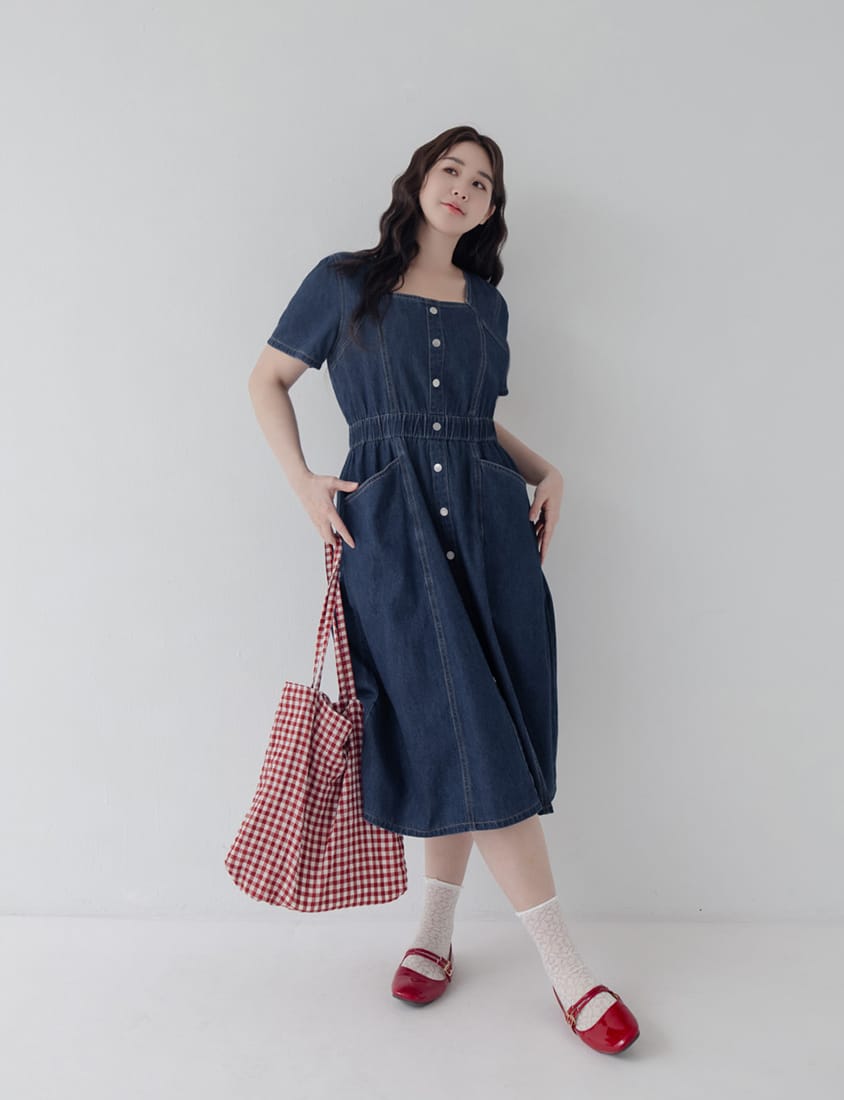 Square Neck Faux Button Elastic Waist Plus Size Denim Maxi Dress