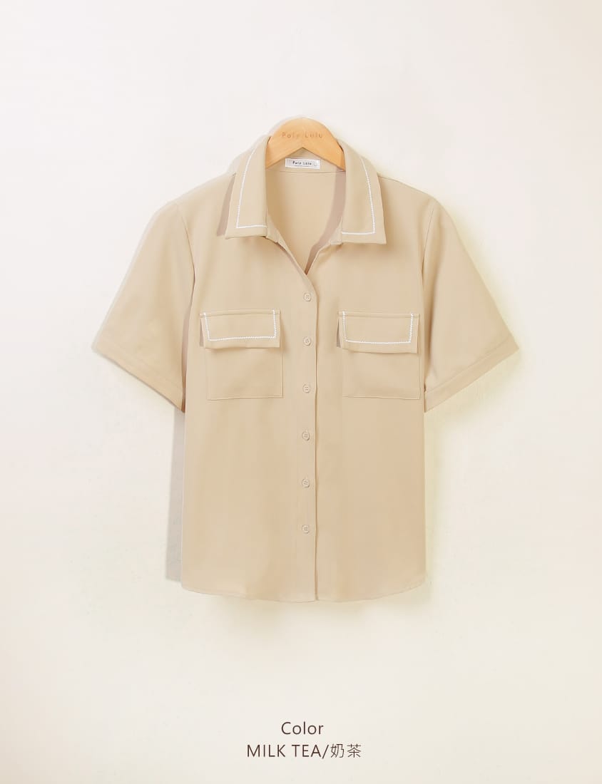 Color-Block Embroidered Pocket Plus-Size Short Sleeve Shirt