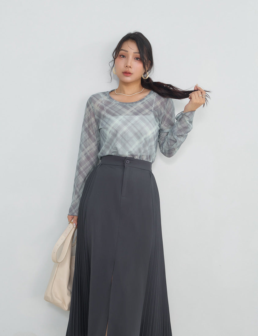 MISS. Vintage Sheer Checkered Plus Size Long Sleeve Top