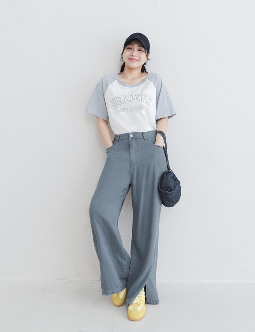 Lyocell Cooling Contrast Stitch Slit Plus Size Wide-Leg Pants