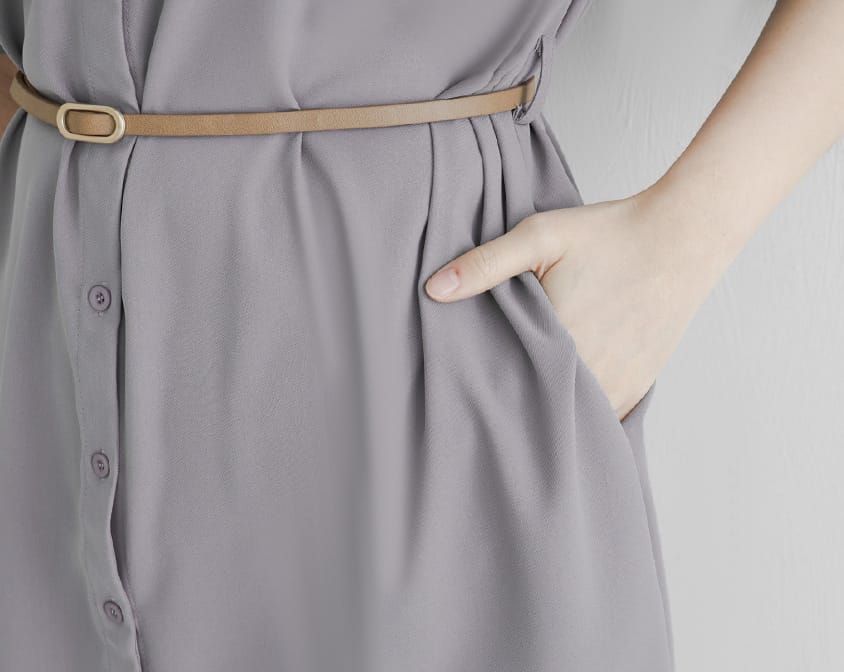 MISS. Button Twill Collar Plus Size Short Sleeve Dress (with Belt)
