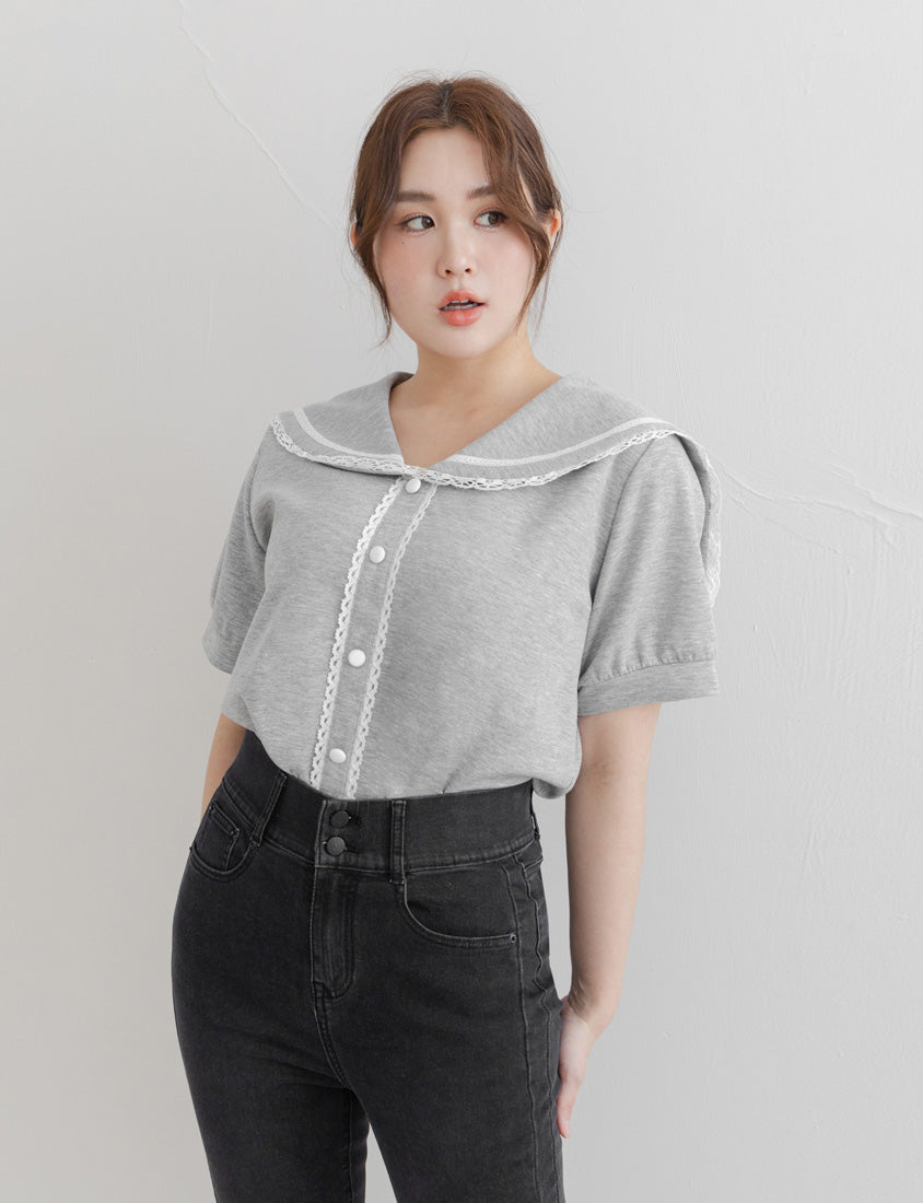 Space Cotton Sailor Collar Plus Size Lace Top