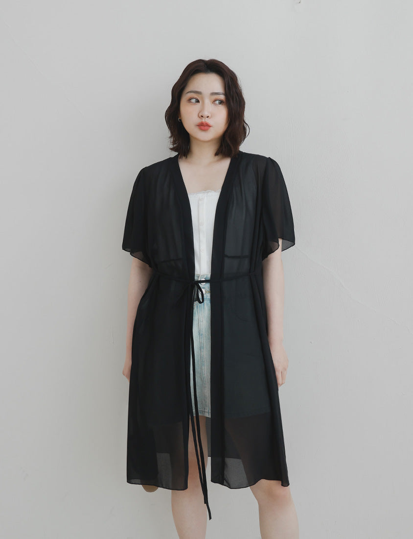 Sheer Vacation-Style Plus Size Long Cover-Ups (with Waist Tie)