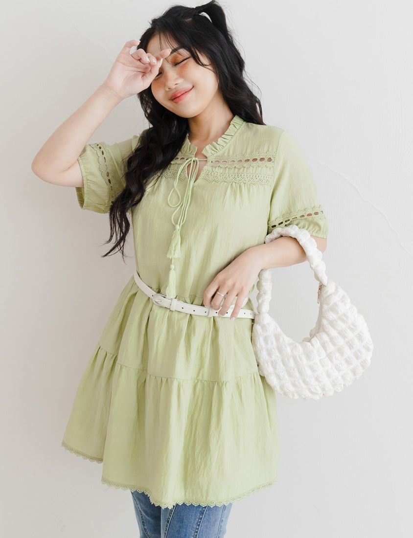 Intricate Lace Tie-Waist Flare Plus Size Mini Dress