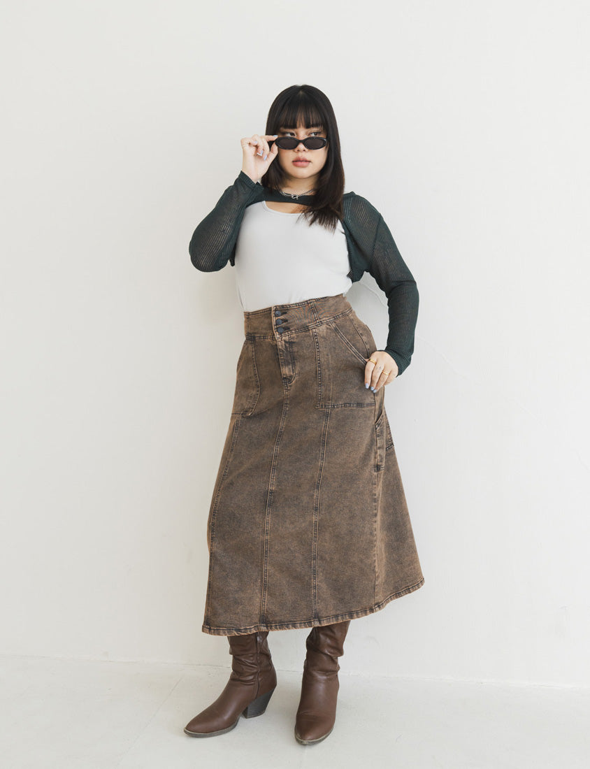 MUA! Ultra-Stretch Back Slit High-Waist Washed Denim Plus Size Maxi Skirt