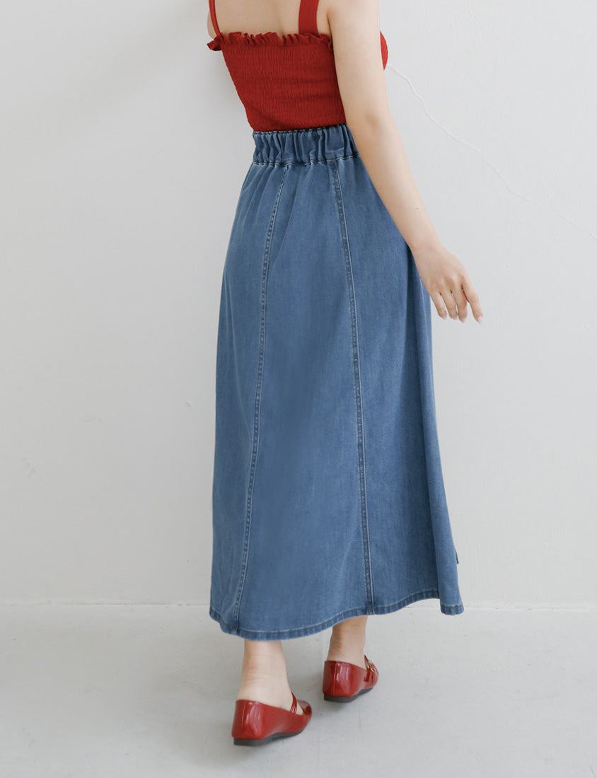Lyocell Silky Denim Elastic Back Flare Plus Size Maxi Skirt
