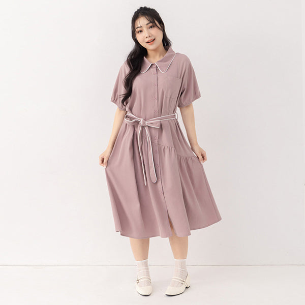 Color-Trimmed Plus Size Puff Sleeve Maxi Dress (With Waist Tie)