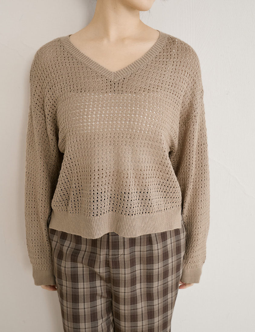 Anti-Pilling V-Neck Eyelet Plus Size Knit Top