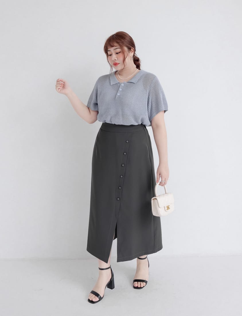 MISS. Polo Collar Knitted Hollow Plus Size Top