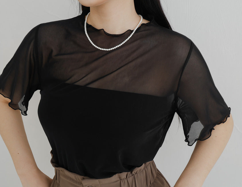 MISS. Sheer Wavy Edge Korean Style Plus Size Short Sleeve Top