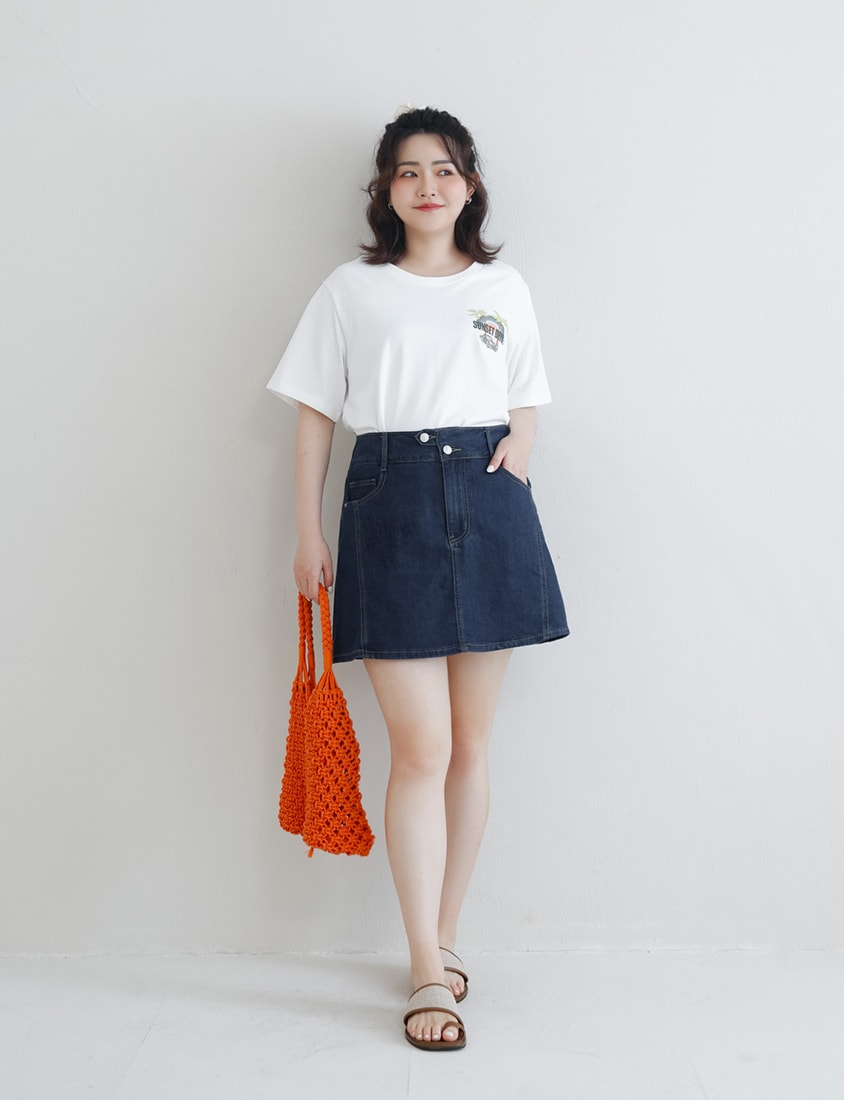 Stitched Waistband Plus Size Denim Skort (With inner pants)