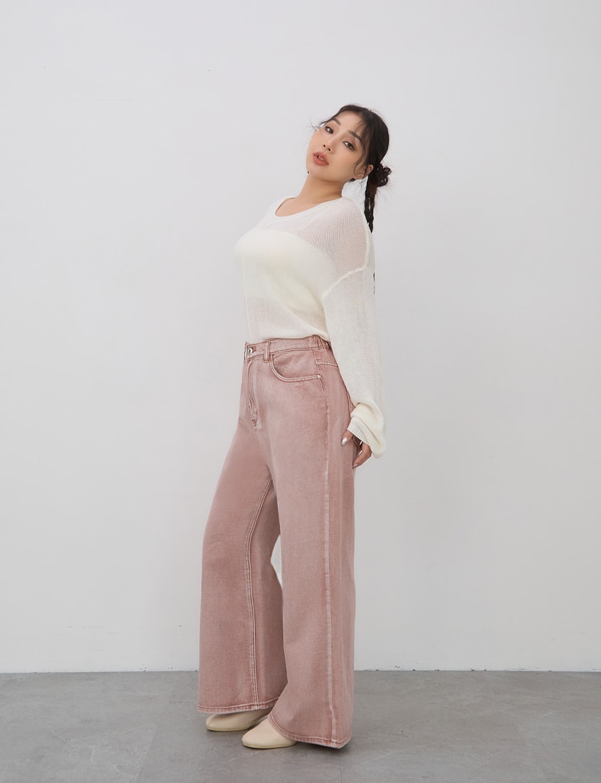 Vintage Washed Elastic Back Waist Plus Size Wide Leg Jeans