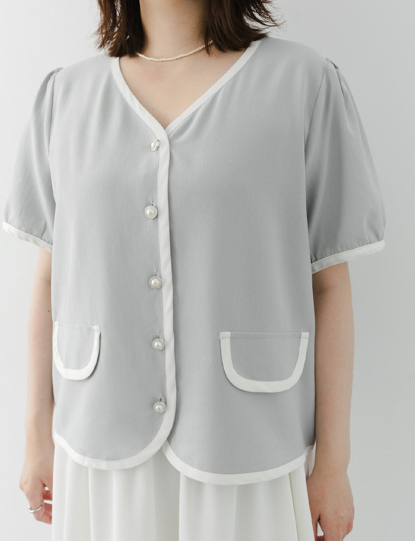 MISS. Elegant Contrast Trim Pearl Button Plus Size Top