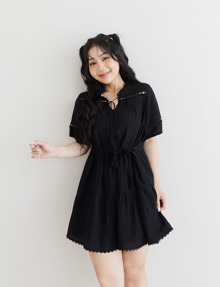 Intricate Lace Tie-Waist Flare Plus Size Mini Dress