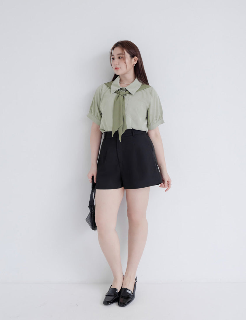 MISS. Faux Two-Piece Color-Block Bow Puff Sleeve Plus Size Blouse