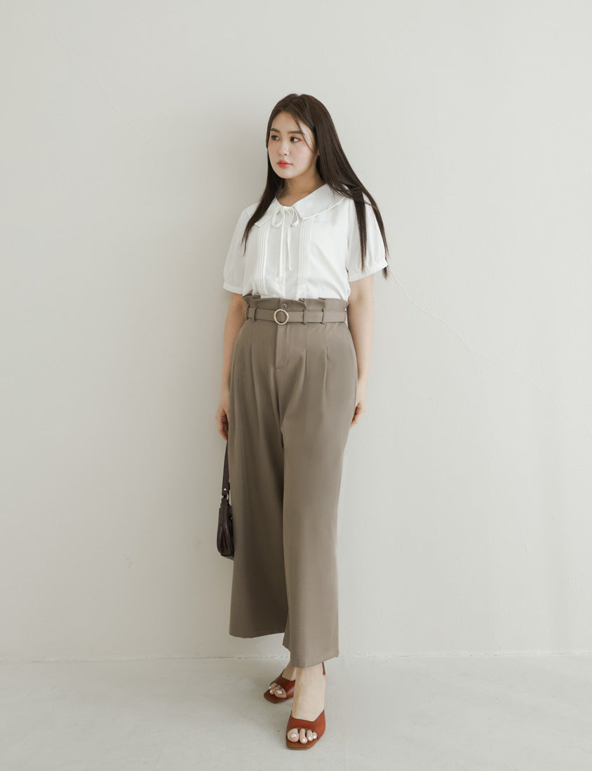MISS. Sweet Pleated Lapel Collar Plus Size Puff Sleeve Blouse